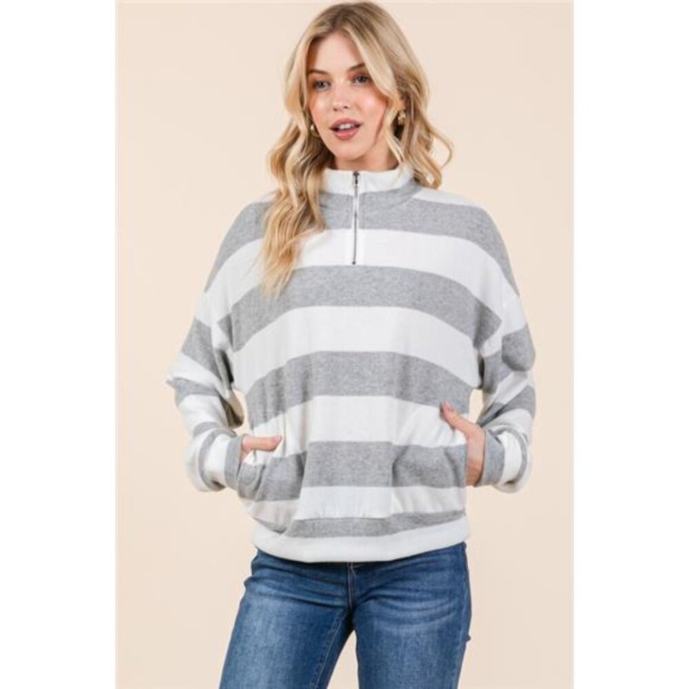 NWT BOMBOM Striped Quarter Zip Drop Shoulder Sweatshirt